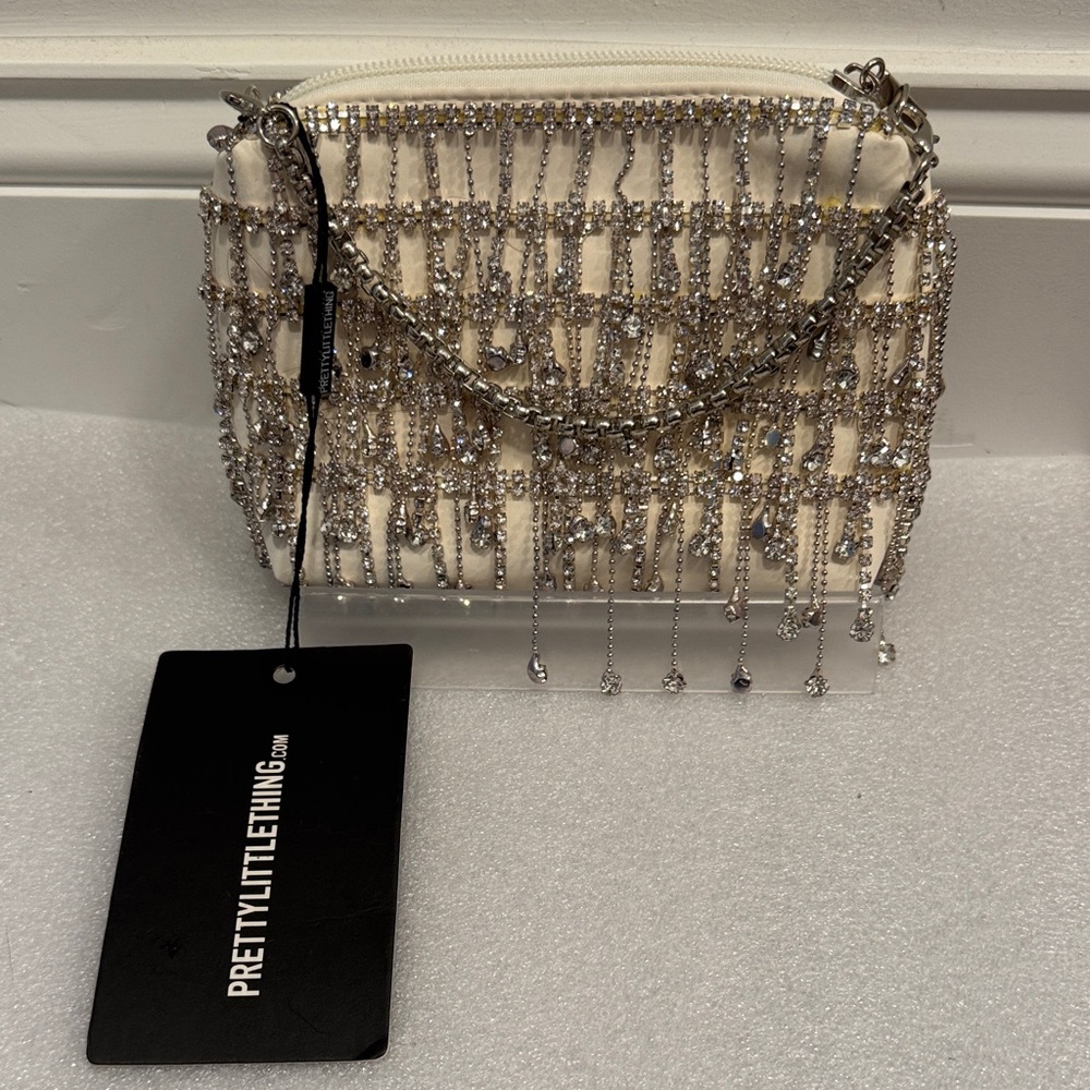 PrettyLittleThing white satin damante tear drop mini bag NWT